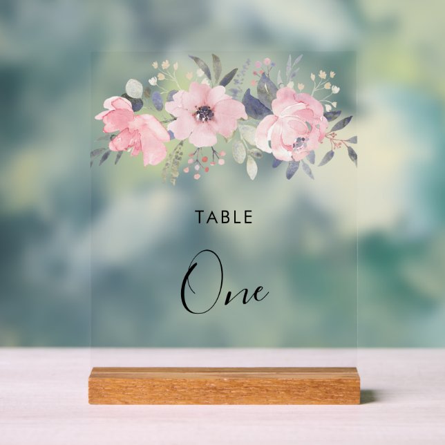 Pink Floral Roses Rustic Foliage Table Number Acrylic Sign (Neutral)