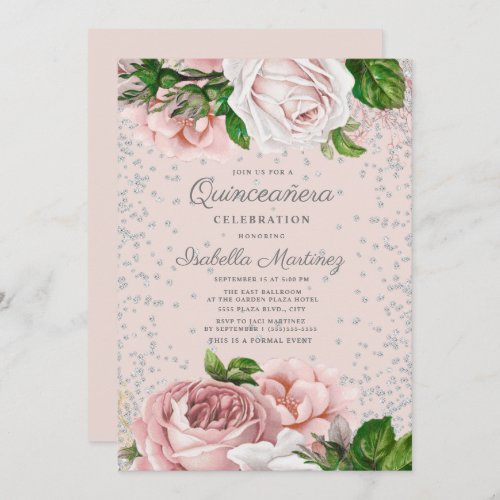 Pink Floral Roses Silver Glitter Quinceaera Invitation