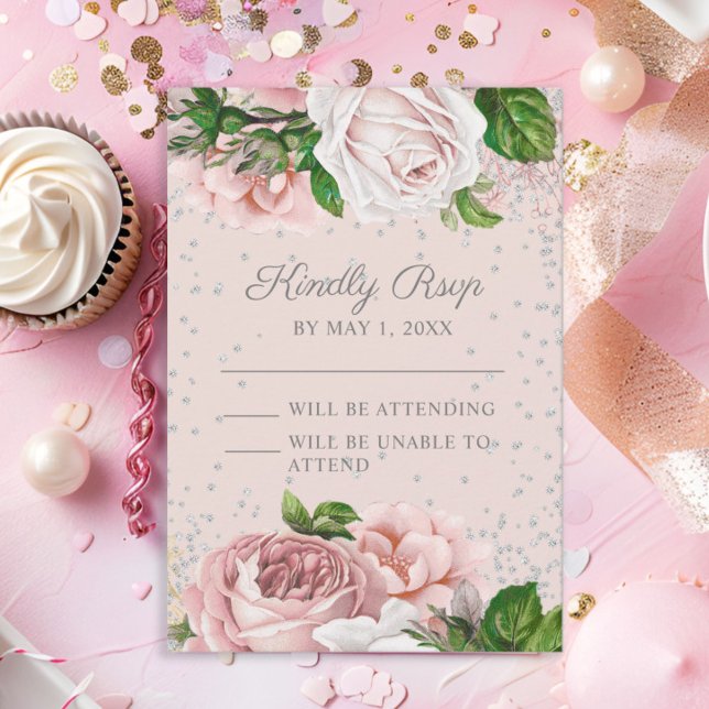 Pink Floral Roses Silver Glitter  RSVP Card (Blush pink roses and silver glitter Sweet 16 RSVP)