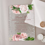 Pink Floral Roses Silver Glitter Sweet 16 Acrylic Invitations<br><div class="desc">Elegant vintage botanical blush pink watercolor floral (roses) and painted green watercolor leaves on pink Sweet 16 acrylic birthday party invitation with sparkling silver glitter.   Text,  font,  font size and color are completely customizable,  so this card can be customized to perfectly suit your needs.</div>