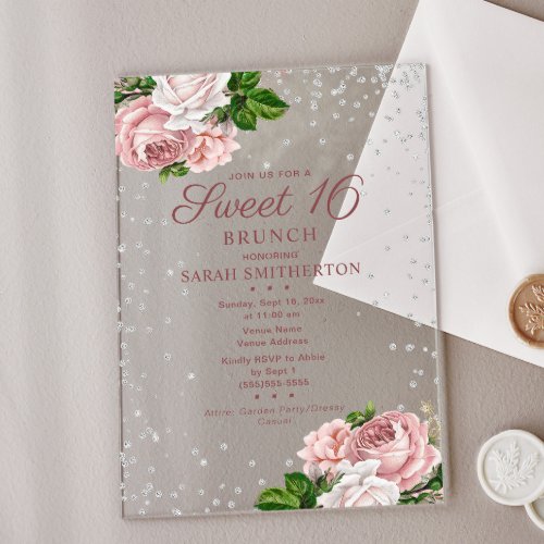 Pink Floral Roses Silver Glitter Sweet 16 Brunch Acrylic Invitations