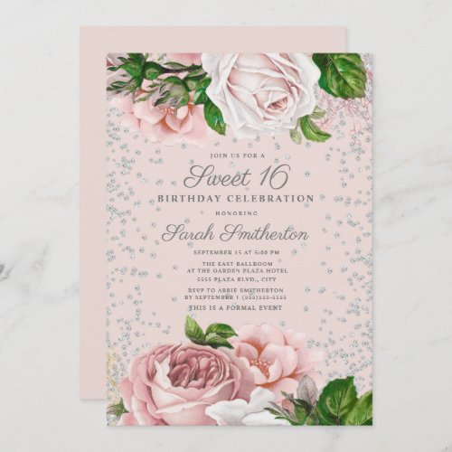 Pink Floral Roses Silver Glitter Sweet 16 Invitation