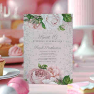 Pink Floral Roses Silver Glitter Sweet 16 Invitation