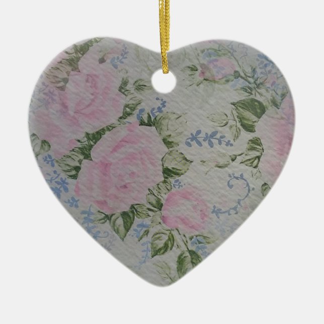 Pink Floral Roses Vintage Ceramic Ornament (Front)