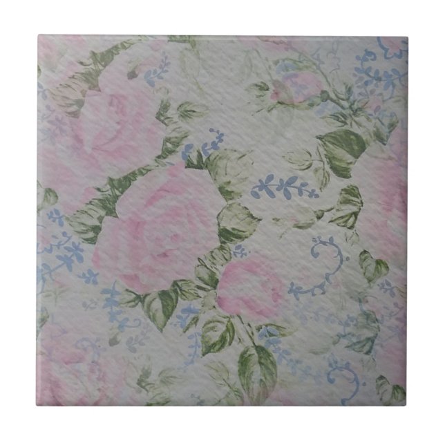 Pink Floral Roses Vintage Ceramic Tile (Front)