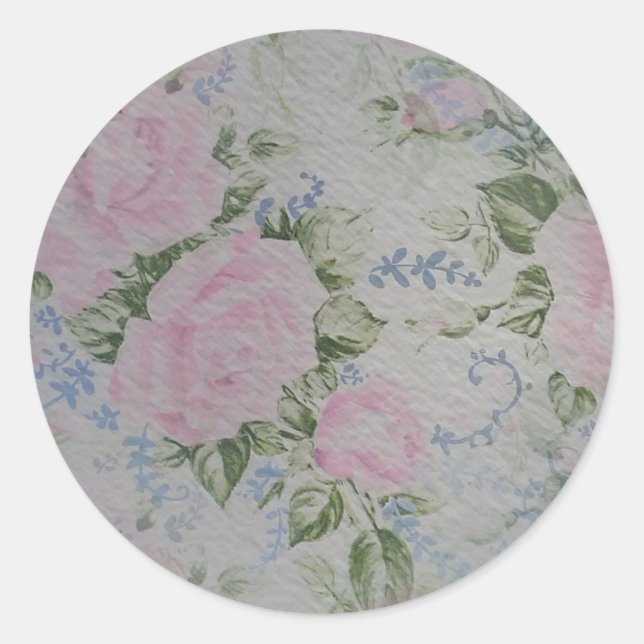 Pink Floral Roses Vintage Classic Round Sticker (Front)