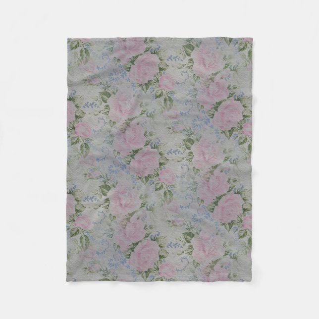 Pink Floral Roses Vintage Fleece Blanket (Front)