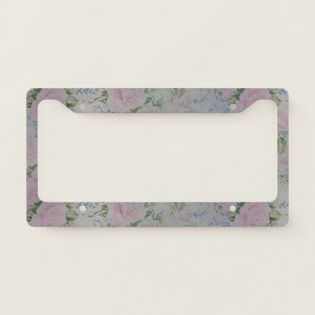 Pink Floral Roses Vintage License Plate Frame (Front)