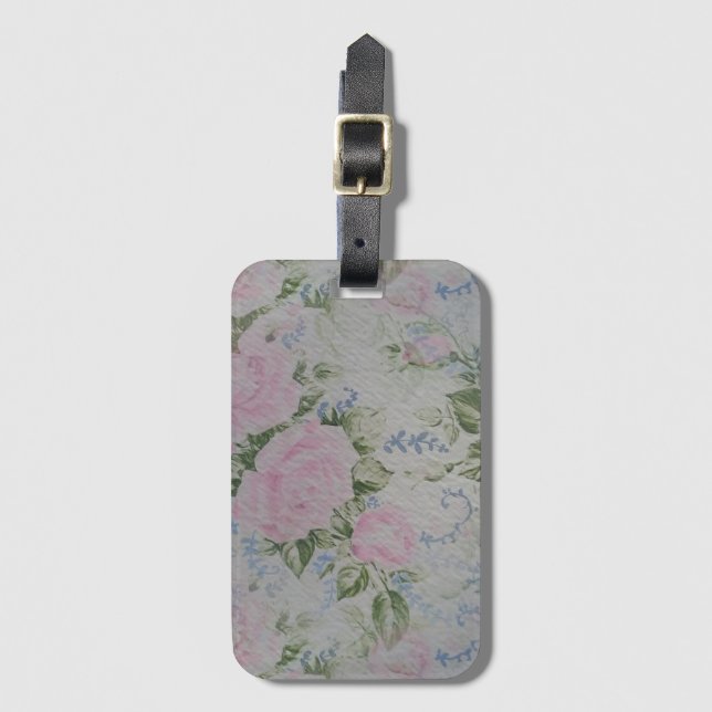 Pink Floral Roses Vintage Luggage Tag (Front Vertical)