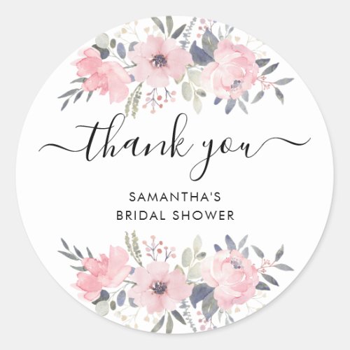 Pink Floral Roses Watercolor Script Thank You Classic Round Sticker