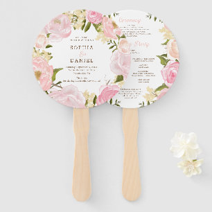 Pink Floral Round Gold Wedding Program Fan