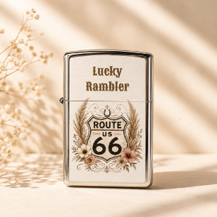 Pink Floral Route 66 Custom Cap Flame Style Zippo Lighter