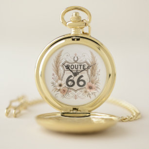 Pink Floral Route 66 Vintage Travel Time Pocket Watch