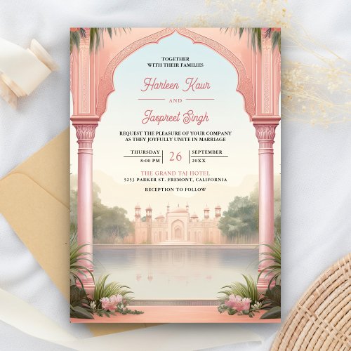 Pink Floral Royal Indian Palace All in One Wedding Invitation