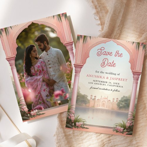 Pink Floral Royal Indian Palace Wedding Photo Save The Date