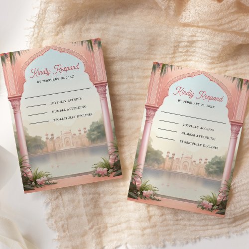 Pink Floral Royal Indian Palace Wedding RSVP Card
