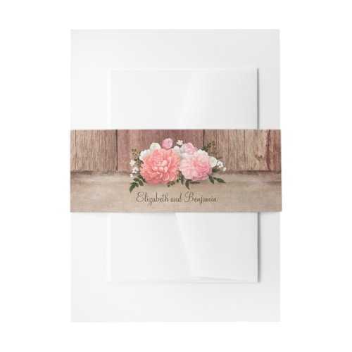 Pink Floral Rustic Burlap and Barn Wood Country Invitation Belly Band - Rustic floral wood and burlap barn wedding invitation belly bands