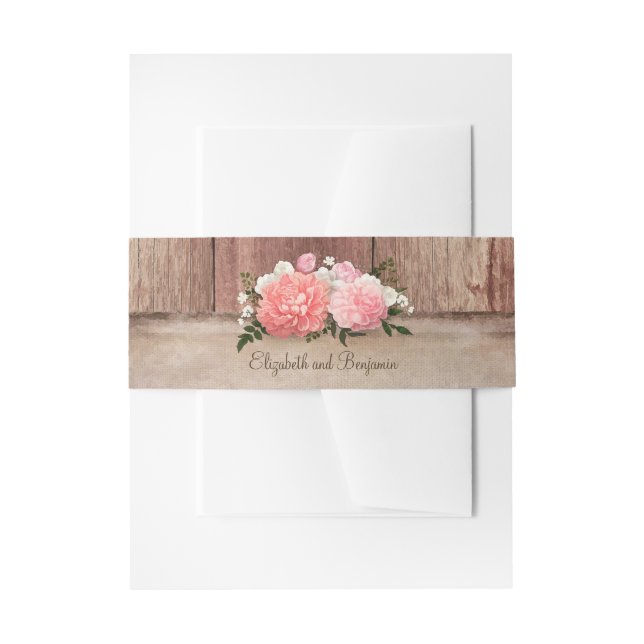 Pink Floral Rustic Burlap and Barn Wood Country Invitation Belly Band (Front Example)