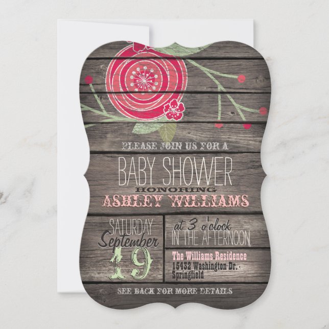 Pink Floral, Rustic Country Wood Baby Shower Invitation (Front)