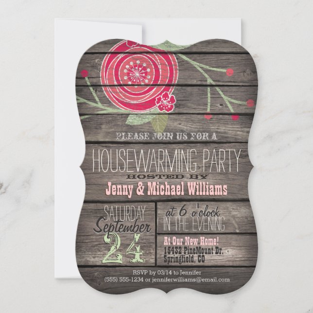 Pink Floral Rustic Country Wood Housewarming Party Invitation (Front)