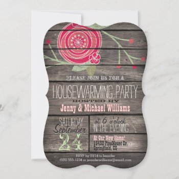 Pink Floral Rustic Country Wood Housewarming Party Invitation by Card_Stop at Zazzle