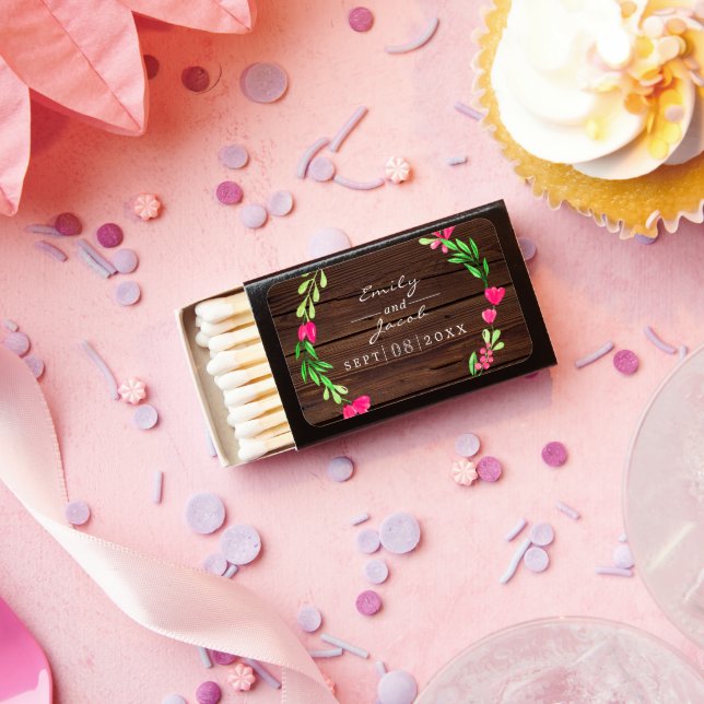 Pink Floral Rustic Dark Brown Wood Country Wedding Matchboxes (Insitu)