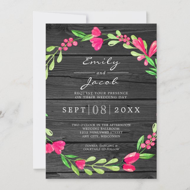 Pink Floral Rustic Dark Gray Wood Country Wedding  Announcement (Front)