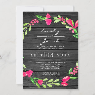 Pink Floral Rustic Dark Gray Wood Country Wedding Announcement