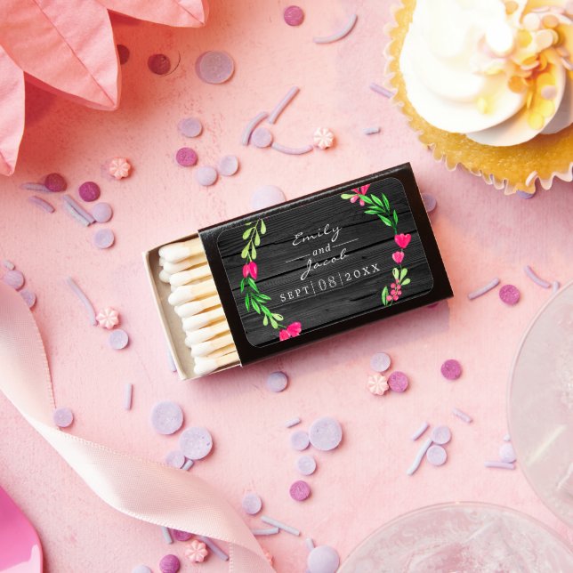 Pink Floral Rustic Dark Gray Wood Country Wedding Matchboxes (Insitu)