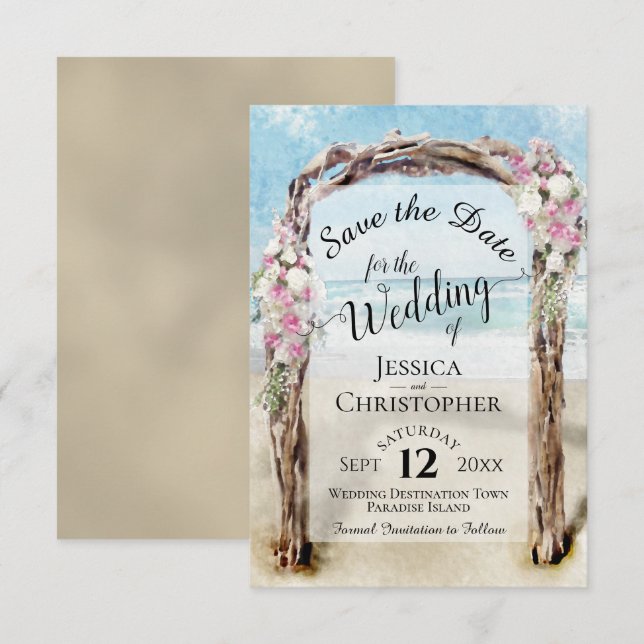 Pink Floral Rustic Driftwood Beach Arbor Wedding Save The Date (Front/Back)