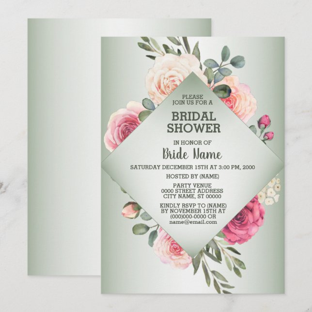 Pink Floral Rustic Geometric Green Bridal Shower Invitation (Front/Back)