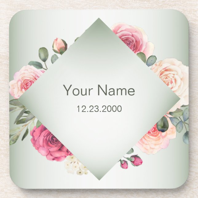 Pink Floral Rustic Geometric Green Party Beverage Coaster (Front)