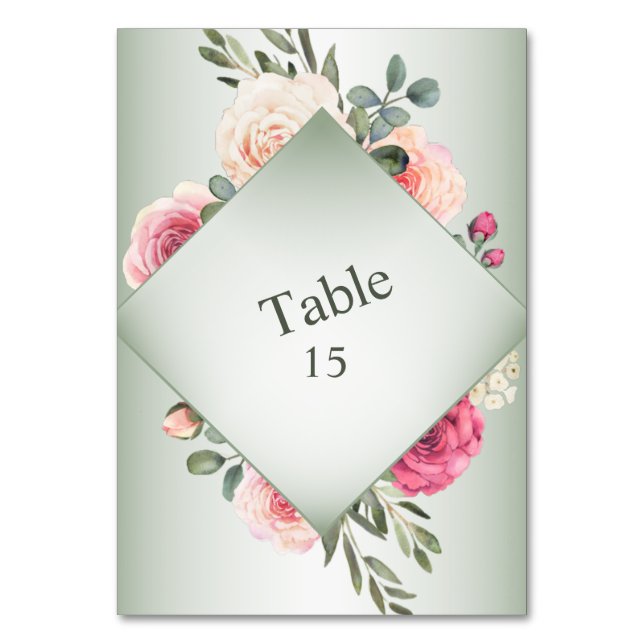 Pink Floral Rustic Geometric Green Party Table Number (Front)