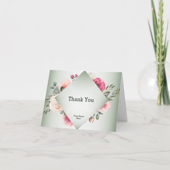 Pink Floral Rustic Geometric Green Thank You Card (Front)