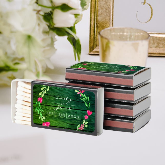 Pink Floral Rustic Green Wood Country Wedding Matchboxes (Pink Floral Rustic Green Wood Country Wedding Matchboxes)