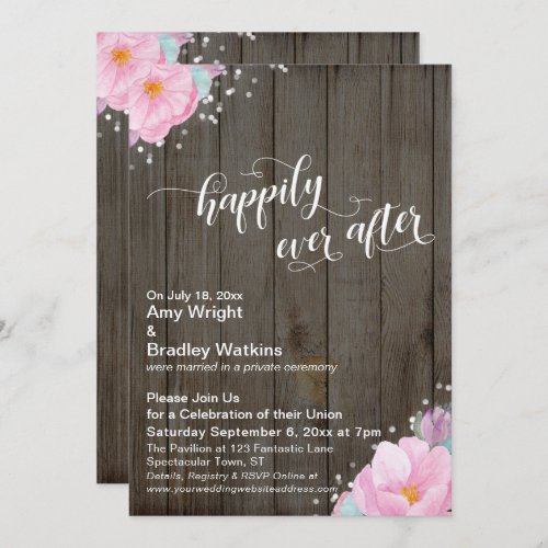 Pink Floral Rustic Happily Ever After Reception Invitation