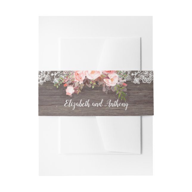 Pink Floral Rustic Invitation Belly Band (Front Example)