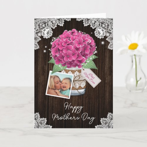 Pink Floral Rustic Photo Happy Mothers Day Card