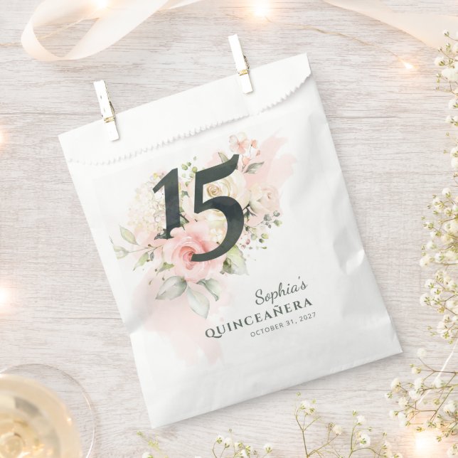 Pink Floral Rustic Quinceanera 15th Birthday Party Favor Bag (Clipped)