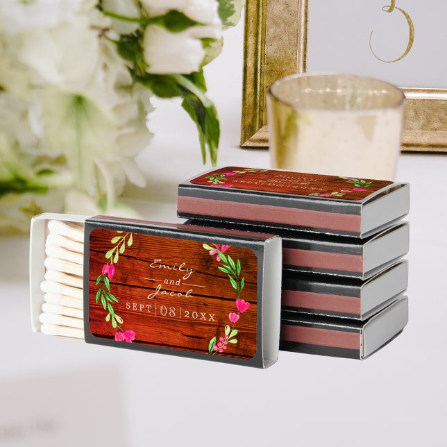 Pink Floral Rustic Red Brown Wood Country Wedding Matchboxes (Pink Floral Rustic Red Brown Wood Country Wedding Matchboxes)