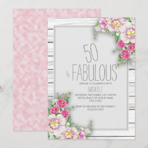 Pink Floral Rustic Wood 50th Birthday Invitation