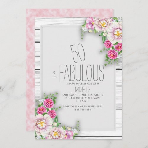 Pink Floral Rustic Wood 50th Birthday Invitation