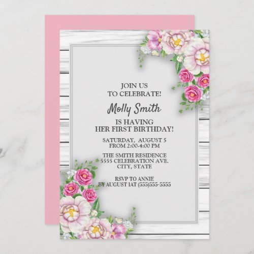 Pink Floral Rustic Wood Baby Girl First Birthday Invitation