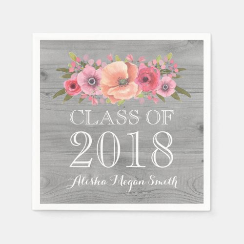 Pink Floral Rustic Wood Class of 2018 Graduation Napkins