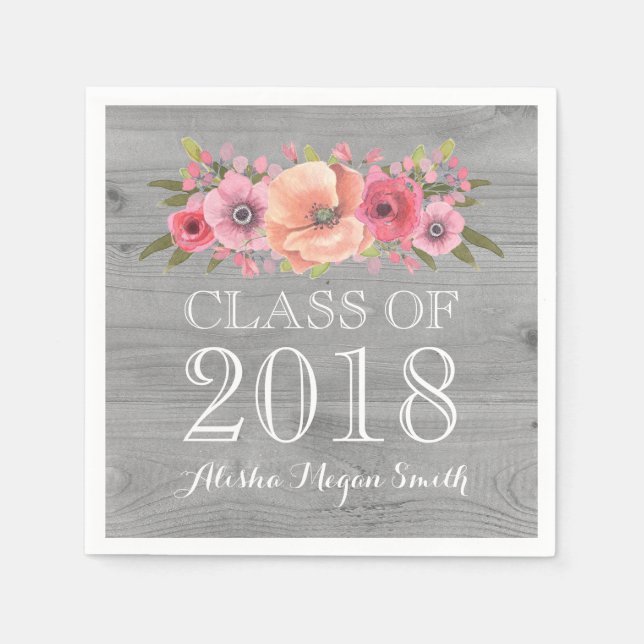 Pink Floral Rustic Wood Class of 2018 Graduation Napkins (Front)