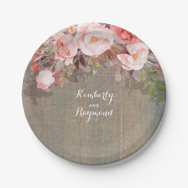 Pink Floral Rustic Wood Country Wedding Paper Plates (Front)