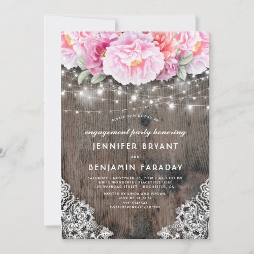 Pink Floral Rustic Wood Lace Engagement Party Invitation