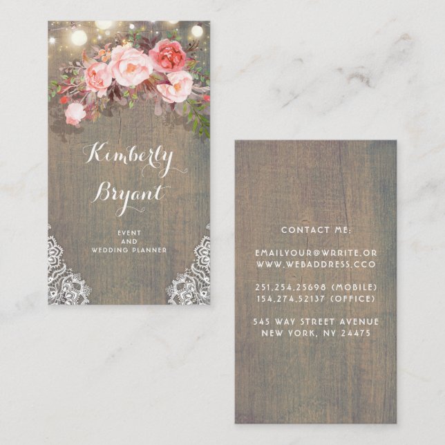 Pink Floral Rustic Wood Lace String Lights Business Card (Front/Back)