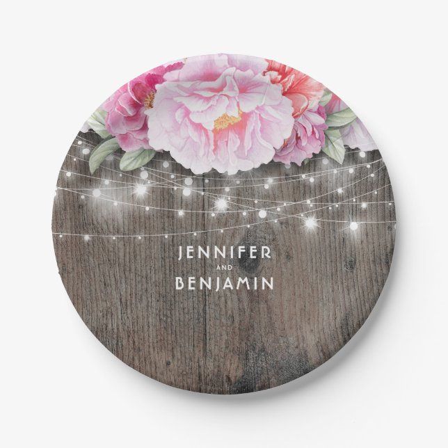 Pink Floral Rustic Wood Lights Wedding Paper Plates (Front)