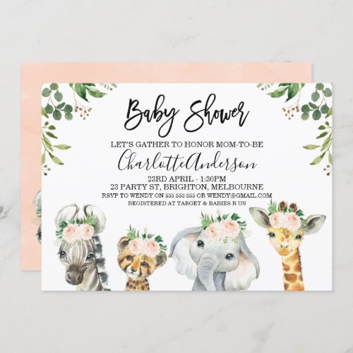 Pink  Floral Safari Animals Baby Shower Invitation